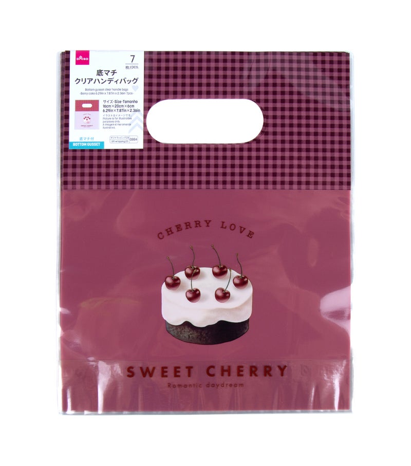 Clear Bottom Handy Bags, Berry Cake Design, Drak Pink, 7-Pack Gift & Treat Bags with Transparent Base for Snacks, Party Favors & Packaging
