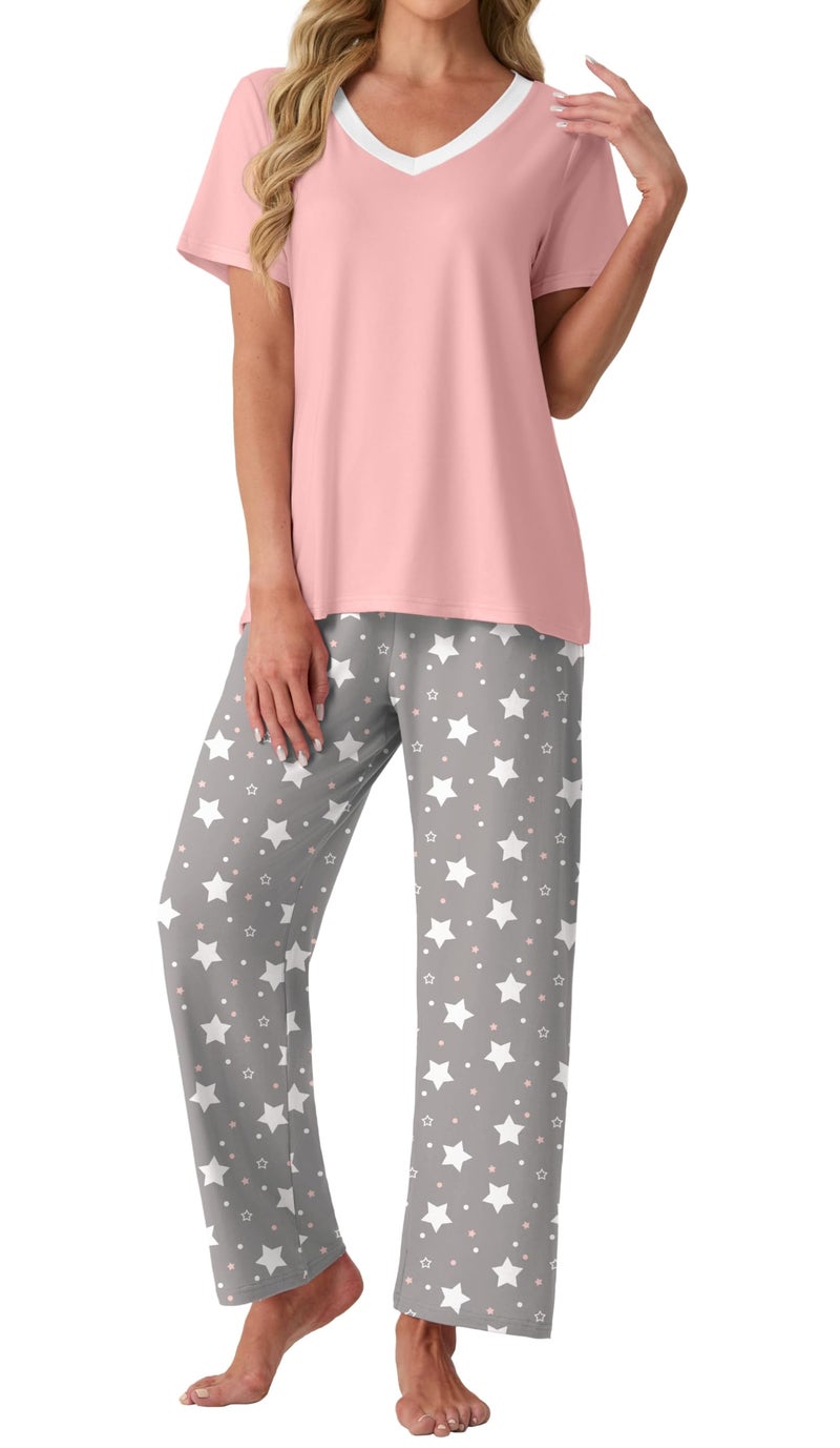 PrinStory Pajamas for Women Set Soft Pjs 2 Piece Pajama Sets Casual Pj Short Sleeve Lounge set with Pockets Gray White Star-L - Image 3