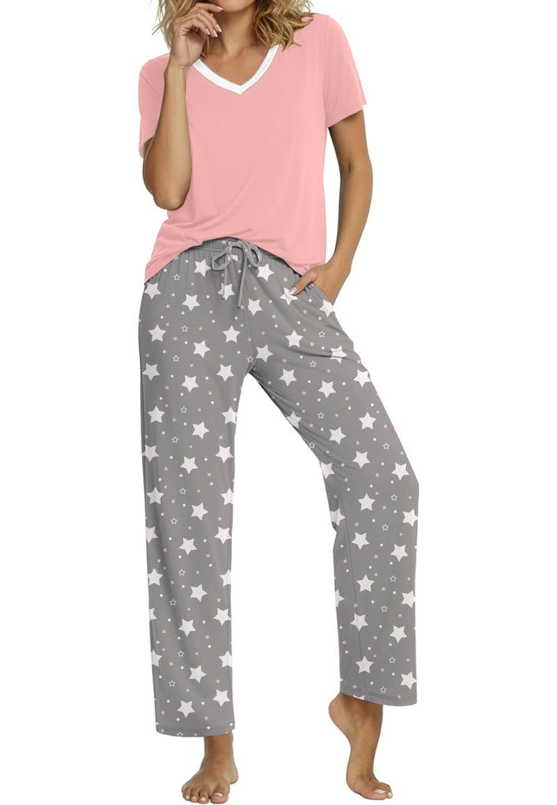 PrinStory Pajamas for Women Set Soft Pjs 2 Piece Pajama Sets Casual Pj Short Sleeve Lounge set with Pockets Gray White Star-L - Image 1
