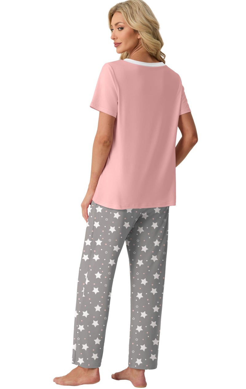 PrinStory Pajamas for Women Set Soft Pjs 2 Piece Pajama Sets Casual Pj Short Sleeve Lounge set with Pockets Gray White Star-L - Image 5