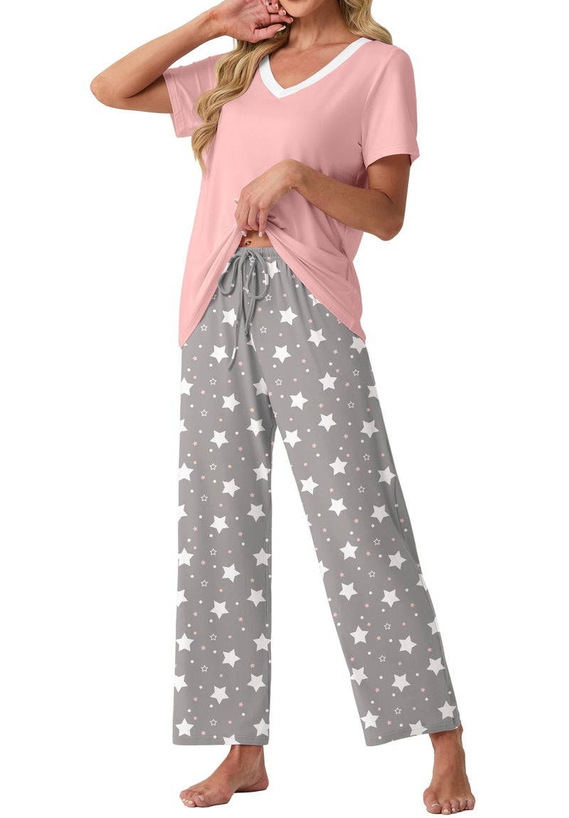 PrinStory Pajamas for Women Set Soft Pjs 2 Piece Pajama Sets Casual Pj Short Sleeve Lounge set with Pockets Gray White Star-L - Image 2