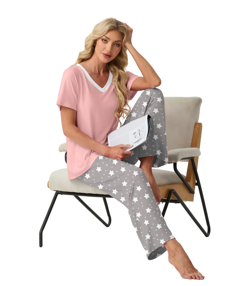 PrinStory Pajamas for Women Set Soft Pjs 2 Piece Pajama Sets Casual Pj Short Sleeve Lounge set with Pockets Gray White Star-L - Image 4
