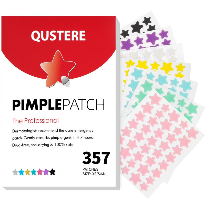QUSTERE Pimple Patches for Face, Colorful Hydrocolloid Acne Patches, Cute Star Zit Covers for Face, Spot Stickers with Tea Tree, Salicylic Acid & Cica Oil| 4 Sizes (8mm, 10mm, 12mm & 14mm) |357 Count - Image 1