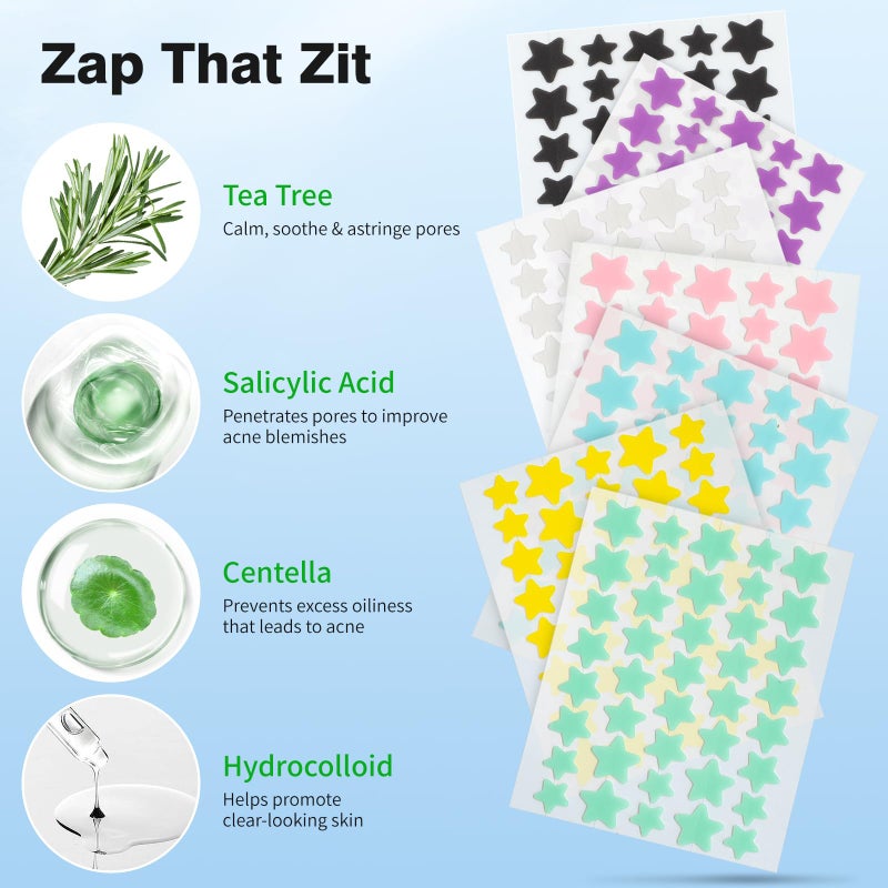QUSTERE Pimple Patches for Face, Colorful Hydrocolloid Acne Patches, Cute Star Zit Covers for Face, Spot Stickers with Tea Tree, Salicylic Acid & Cica Oil| 4 Sizes (8mm, 10mm, 12mm & 14mm) |357 Count - Image 3