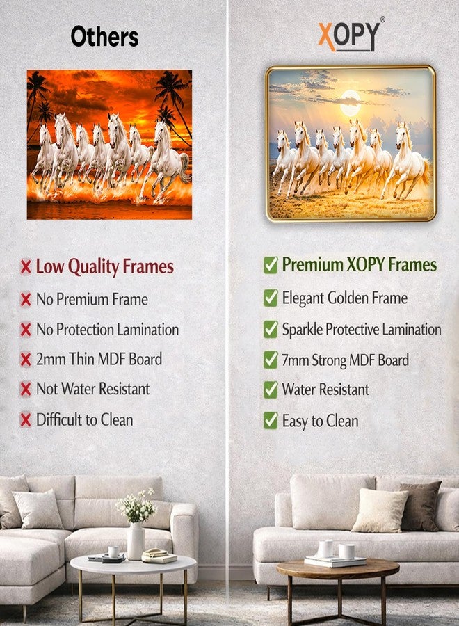 XOPY Seven Running Horses with Golden Frame | Vastu 7 horses Raw Pyrite Painting for Home, Office & Living Room Wall Decore | 12X18 Inch Sparkle Laminated Frame | Best For Gifting (53313, 12X18) - Image 4