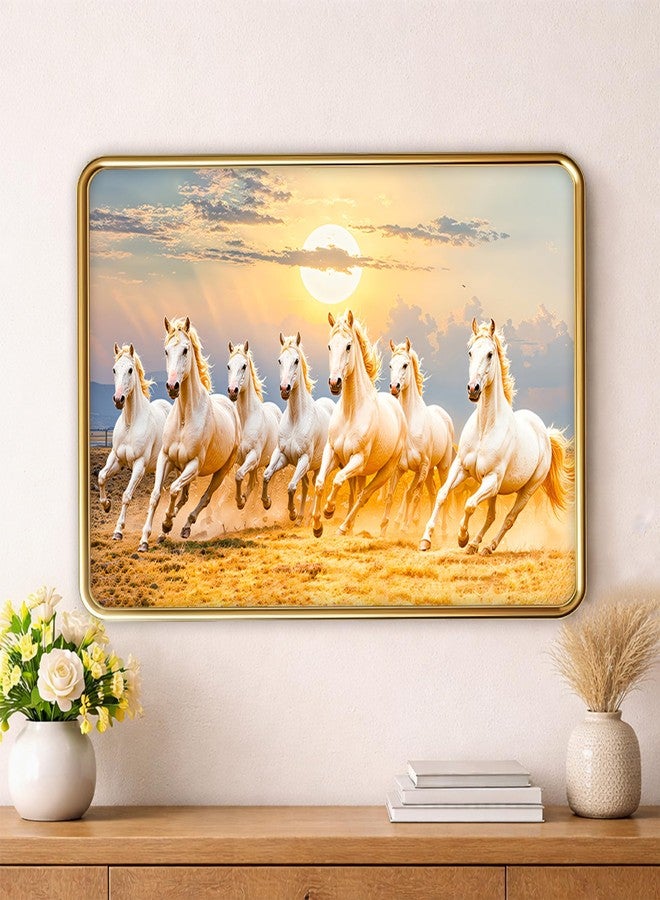 XOPY Seven Running Horses with Golden Frame | Vastu 7 horses Raw Pyrite Painting for Home, Office & Living Room Wall Decore | 12X18 Inch Sparkle Laminated Frame | Best For Gifting (53313, 12X18) - Image 1