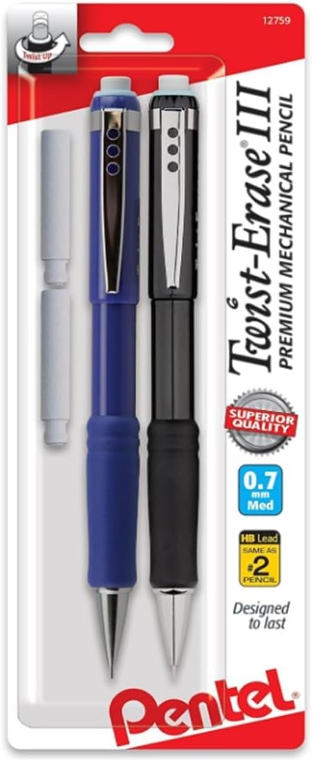 Pentel أقلام رصاص ميكانيكية بنتل® توست-إيراس® III، 0.7 مم، ألوان برميل متنوعة، عبوة من 2 قلم - Image 1