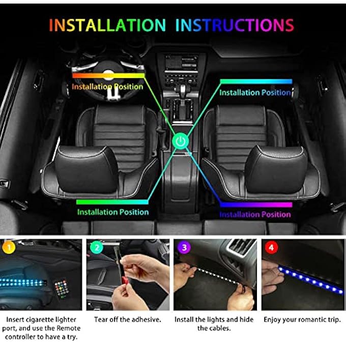 LUOWAN Car Led Strip Lights 4 Pieces Dc 12V 48 Led Multicolor Car Interior Music Light With Sound Active Function Wireless Remote Control MultiModes For Choice - Image 4