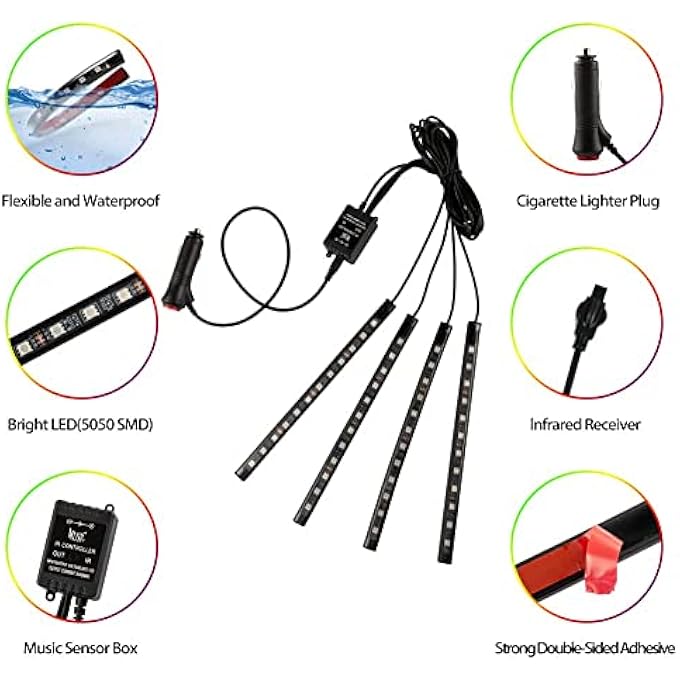 LUOWAN Car Led Strip Lights 4 Pieces Dc 12V 48 Led Multicolor Car Interior Music Light With Sound Active Function Wireless Remote Control MultiModes For Choice - Image 3