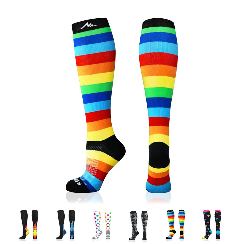 NEWZILL Medical Compression Socks for Women & Men, 20-30 mmHg Knee-High Support for Circulation, All-Day Comfort for Work Travel Running Cycling and Fitness (Rainbow Stripes, L/XL) - Image 1