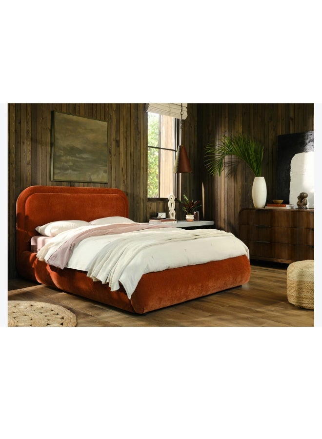 الزخارف للمفروشات سرير لوسي العصري بتنجيد مخملي فاخر باللون البرتقالي الصدئي مع لوح رأس مبطن بحواف دائرية، قماش مخمل ناعم، سرير منخفض فاخر لغرفة النوم، مقاس كوين 160 × 200 سم - Image 4