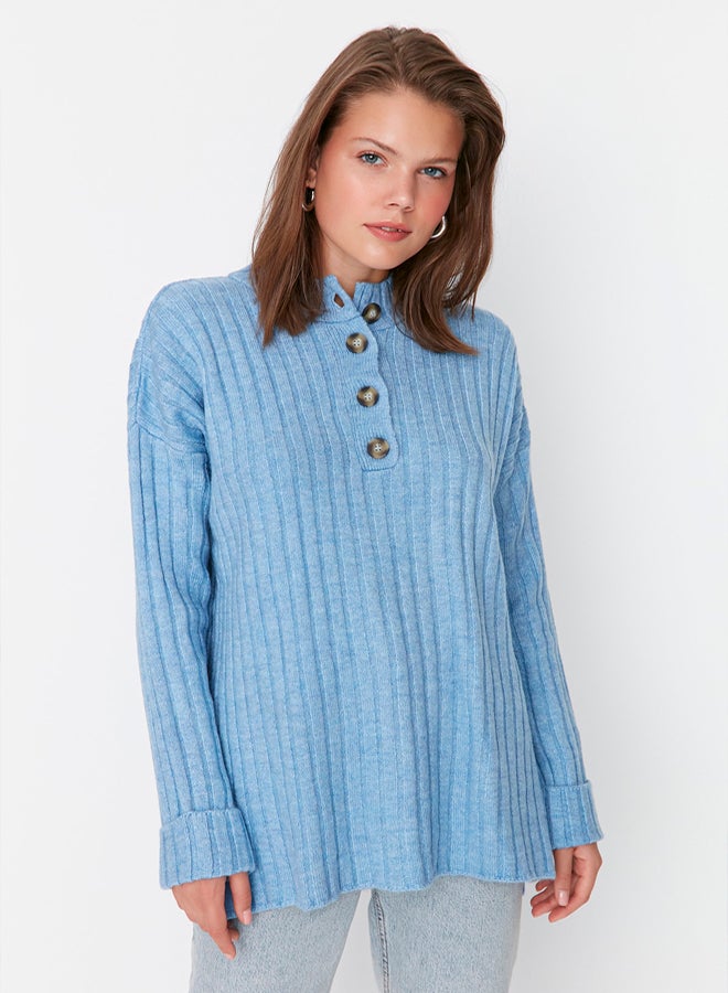 trendyol Blue Collar Buttoned Ribbed Knitwear Sweater - Image 4
