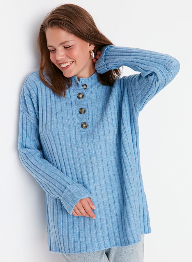 trendyol Blue Collar Buttoned Ribbed Knitwear Sweater - Image 1