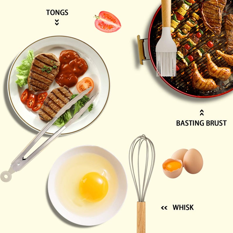 MIBOTE Silicone Cooking Kitchen Utensils Set with Holder, Wooden Handles BPA Free Non Toxic Silicone Turner Tongs Spatula Spoon Kitchen Gadgets Utensil Set for Nonstick Cookware (Khaki) - Image 4