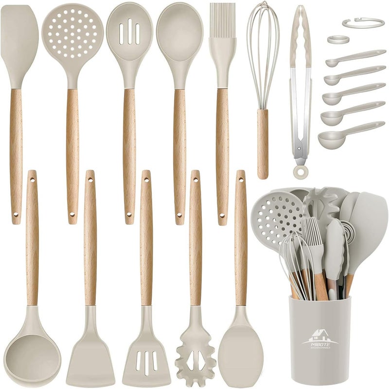 MIBOTE Silicone Cooking Kitchen Utensils Set with Holder, Wooden Handles BPA Free Non Toxic Silicone Turner Tongs Spatula Spoon Kitchen Gadgets Utensil Set for Nonstick Cookware (Khaki) - Image 1