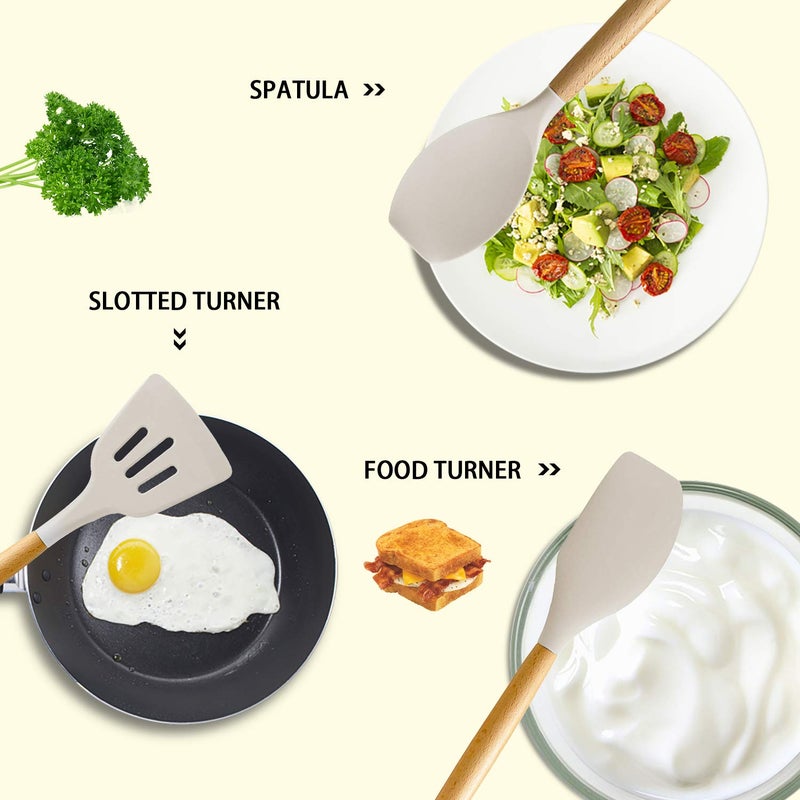 MIBOTE Silicone Cooking Kitchen Utensils Set with Holder, Wooden Handles BPA Free Non Toxic Silicone Turner Tongs Spatula Spoon Kitchen Gadgets Utensil Set for Nonstick Cookware (Khaki) - Image 3