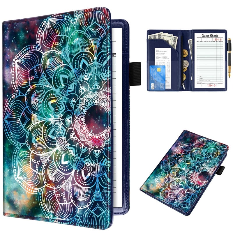 WAVEYU Cute Server Books for Waitress Waiter, Leather Guest Book Note Pad with Zipper, Money Organizer Wallet, Cash Check Bill Receipt Holder Presenter, 8x5 inch, Mandala - Image 1