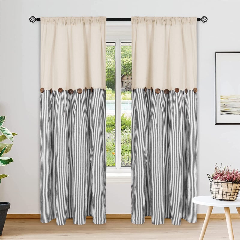 Cotton Linen Farmhouse Curtains Boho Rustic Button Curtains Natural and Dark Grey Stripe Color Block Curtain Rod Pocket  Back Tab Window Drapes for Bedroom Living Room52 x 84 Inch 2 Panels