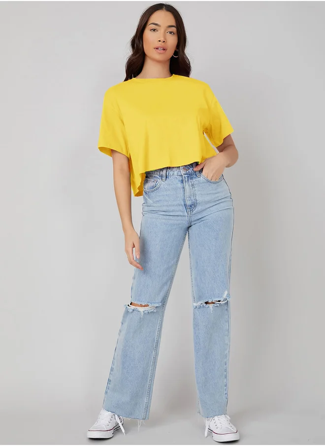 كوتي Solid Short Sleeve Oversized Crop T-Shirt