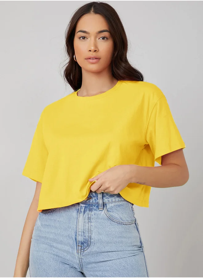 كوتي Solid Short Sleeve Oversized Crop T-Shirt