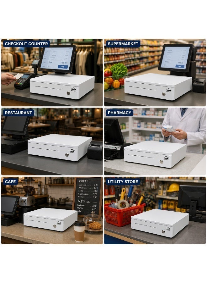 بسيط درج نقدي أبيض BASEET 330 لنقاط البيع – درج معدني آمن مع اتصال RJ11 و4 أقسام للنقود - Image 3