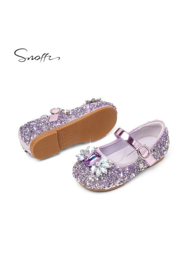 Snoffy Girls' Leather Shoes, Spring Elsa Princess Shoes, Children's Crystal Shoes, Performance Shoes For Older Kids, Soft-soled Shoes, Crystal Purple, Size 29 - Image 1