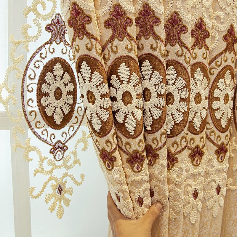 ELKCA Jacquard Embroidered Curtains for Bedroom Luxury Beige Curtains for Living RoomGrommet Top2 Panels Beige 52 W x 96 L
