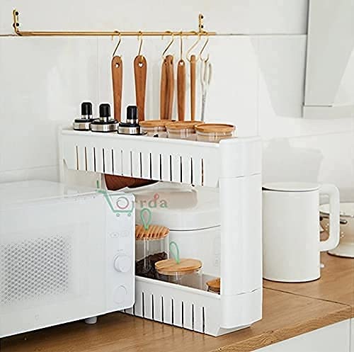 OANGO 2 Tier Kitchen Rack Space Saving Multipurpose Storage Organizer Slim Rack Shelf with Wheels Slim Slide Out Kitchen Trolley Rack Holder Storage Organizer for KitchenBathroomBedroom White - Image 4