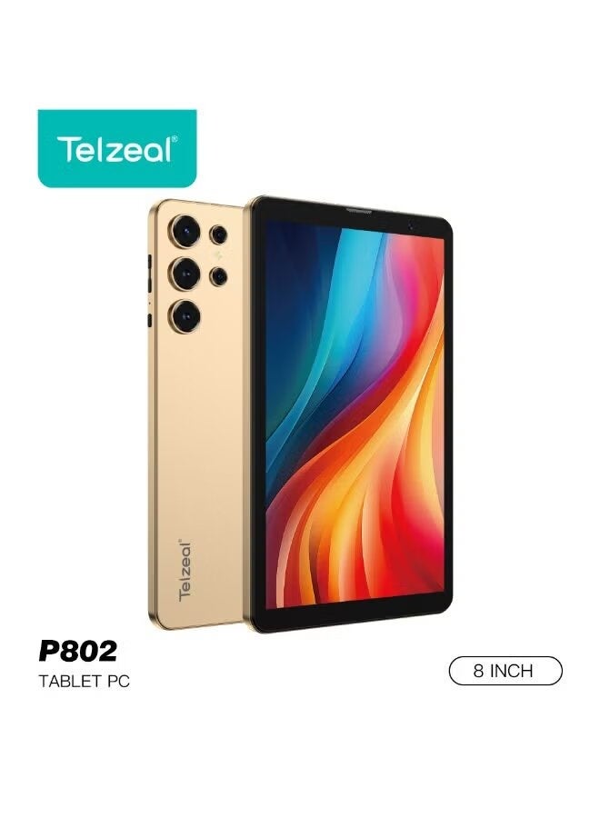 Telzeal P802 8 Inch Android 15 Tablet 8GB RAM 512GB Storage 13MP+5MP Camera 5000mAh Battery Gold Tablet With Keyboard & Mouse Portable Device for Work Study Entertainment