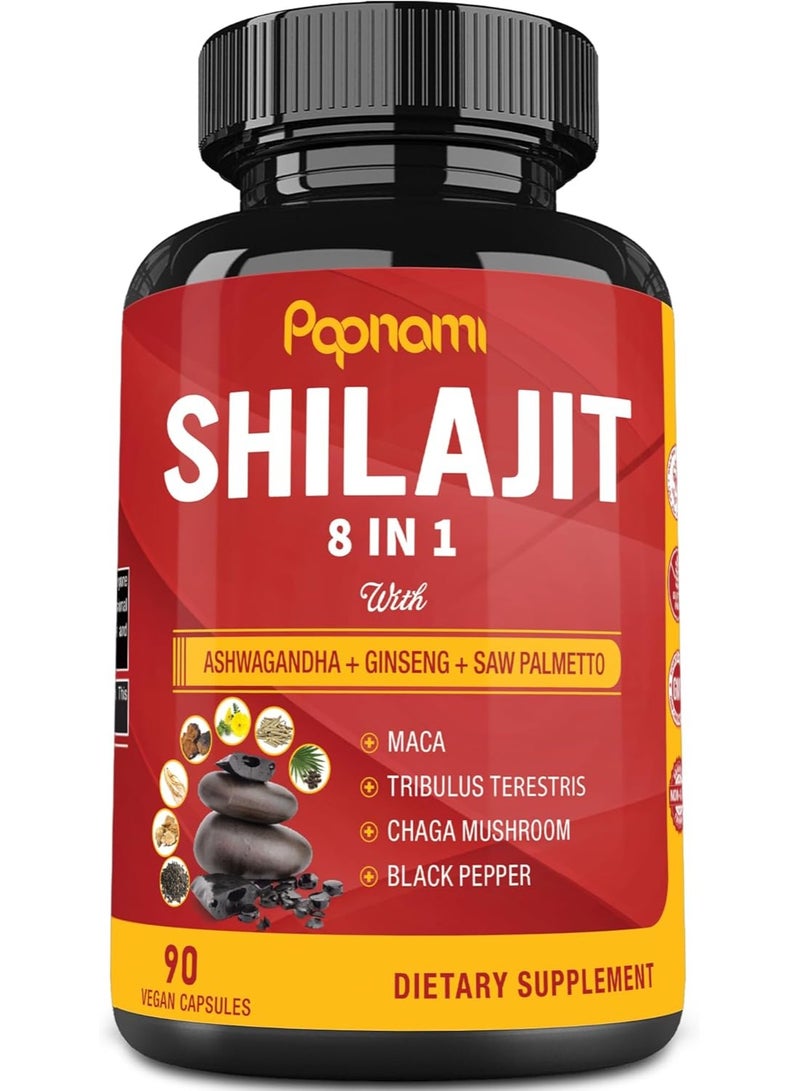 Papnami Shilajit 8 in 1 with Ashwagandha + Ginseng + Saw Palmetto, 90 Vegan Capsules - Image 1