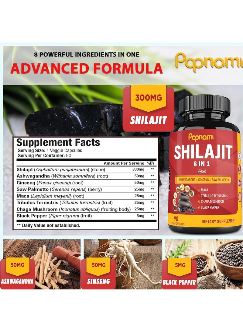Papnami Shilajit 8 in 1 with Ashwagandha + Ginseng + Saw Palmetto, 90 Vegan Capsules - Image 2