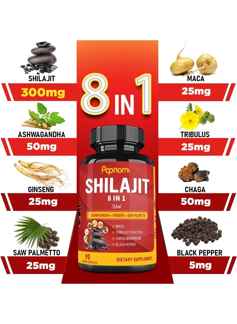 Papnami Shilajit 8 in 1 with Ashwagandha + Ginseng + Saw Palmetto, 90 Vegan Capsules - Image 3