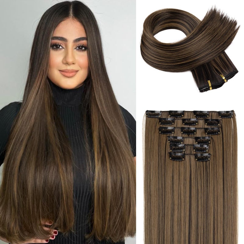 Flufymooz 6PC Clip in Hair Extensions 24 Straight Long Extensions for Women Synthetic Hairpiece Black Brown with Highlights