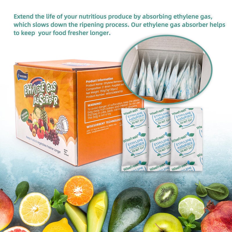 Wisesorb WiseFresh 5 Gram Ethylene Gas Absorber Packet, Vegetable & Fruit Fresh Produce Protector, Food Freshness Extender, Fresh Fruit Preserver, Vegetable Saver (5 Gram, 30Pcs+2 Canisters) - Image 2