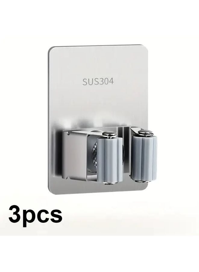 3 قطع حامل مكنسة فولاذي غير قابل للصدأ فضي حامل مكنسة مثبت على الحائط رف تخزين موفر للمساحة - Image 1