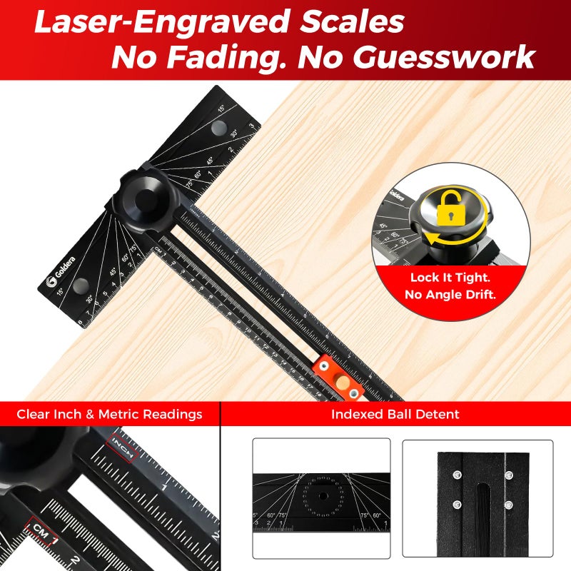 Gold Era Goldera Cabinet Hardware Jig, 30-Inch Adjustable T-Square Marking Ruler, Aluminum Woodworking Layout & Drilling Guide for Cabinet Handles, Pulls & DIY Projects - Image 2