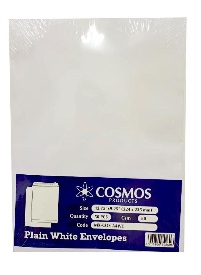 COSMOS Cosmos Peel N Seal Envelopes, 12.75 x 9.25 inch, 80 GSM, A4 Size, 50 Pieces, White  - Image 1
