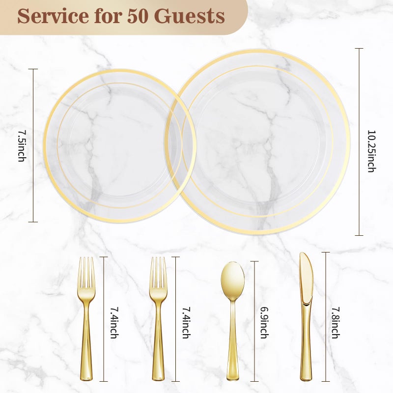 BESTVIP 300PCS Clear Gold Plastic Plate Set (50 Guests)  Disposable Dinnerware Set for Party  Wedding  Birthday - 100 Plates  100 Forks  50 Spoons  50 Knives - Image 4