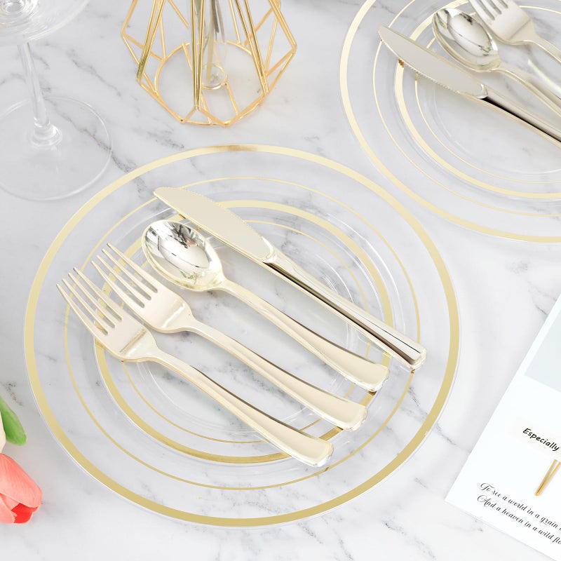 BESTVIP 300PCS Clear Gold Plastic Plate Set (50 Guests)  Disposable Dinnerware Set for Party  Wedding  Birthday - 100 Plates  100 Forks  50 Spoons  50 Knives - Image 2