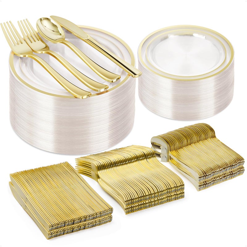 BESTVIP 300PCS Clear Gold Plastic Plate Set (50 Guests)  Disposable Dinnerware Set for Party  Wedding  Birthday - 100 Plates  100 Forks  50 Spoons  50 Knives - Image 1