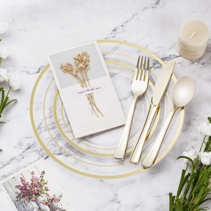 BESTVIP 300PCS Clear Gold Plastic Plate Set (50 Guests)  Disposable Dinnerware Set for Party  Wedding  Birthday - 100 Plates  100 Forks  50 Spoons  50 Knives - Image 5