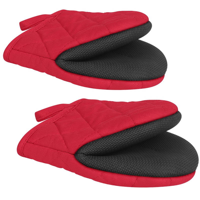 Qulable 1 Pair Short Oven Mitts  Silicone Kitchen Oven Gloves High Heat Resistant 500 Mini Oven Mits with NonSlip Grip Surfaces and Hanging Loop for BBQ Baking Cooking and Grilling Red