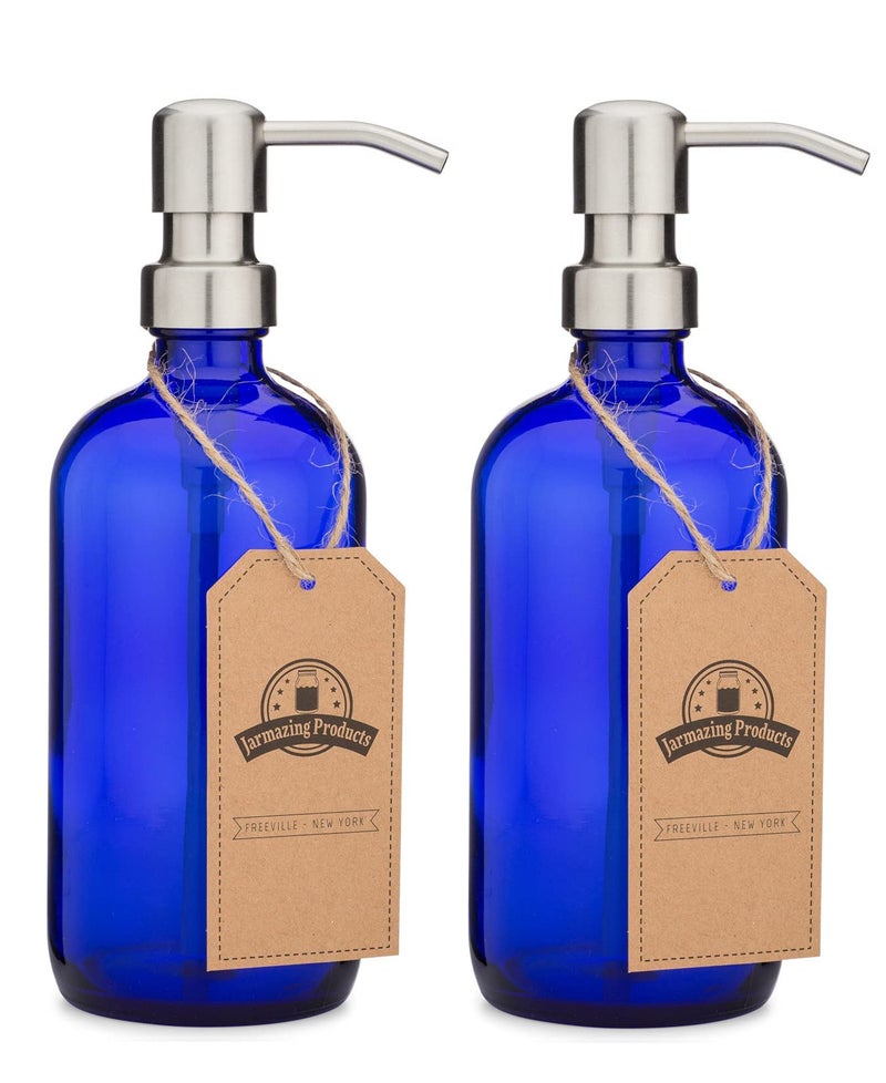 Jarmazing Products Cobalt Blue Glass Pint Jar Soap and Lotion Dispenser with Metal Pump  16 Ounce  Stainless Steel 2