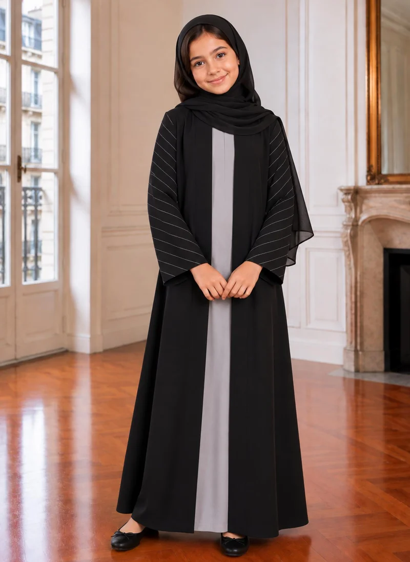 MSquare Fashion Black & Grey Girls Abaya with Striped Sleeves | Kids Abaya UAE