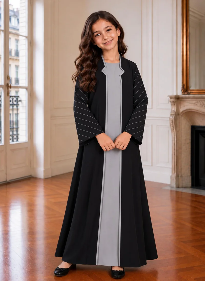 MSquare Fashion Black & Grey Girls Abaya with Striped Sleeves | Kids Abaya UAE