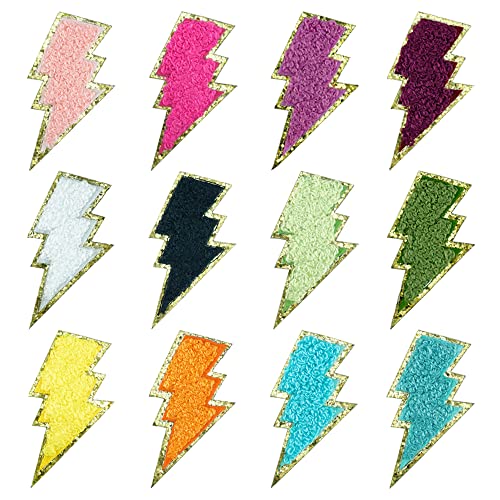 SaktopDeco SaktopDeco 12 PCS Golden Edges Lightning Iron On Patch Bolt Patch Chenille Embroidery Patche Sew On Patch for DIY Hats Bags Jackets 