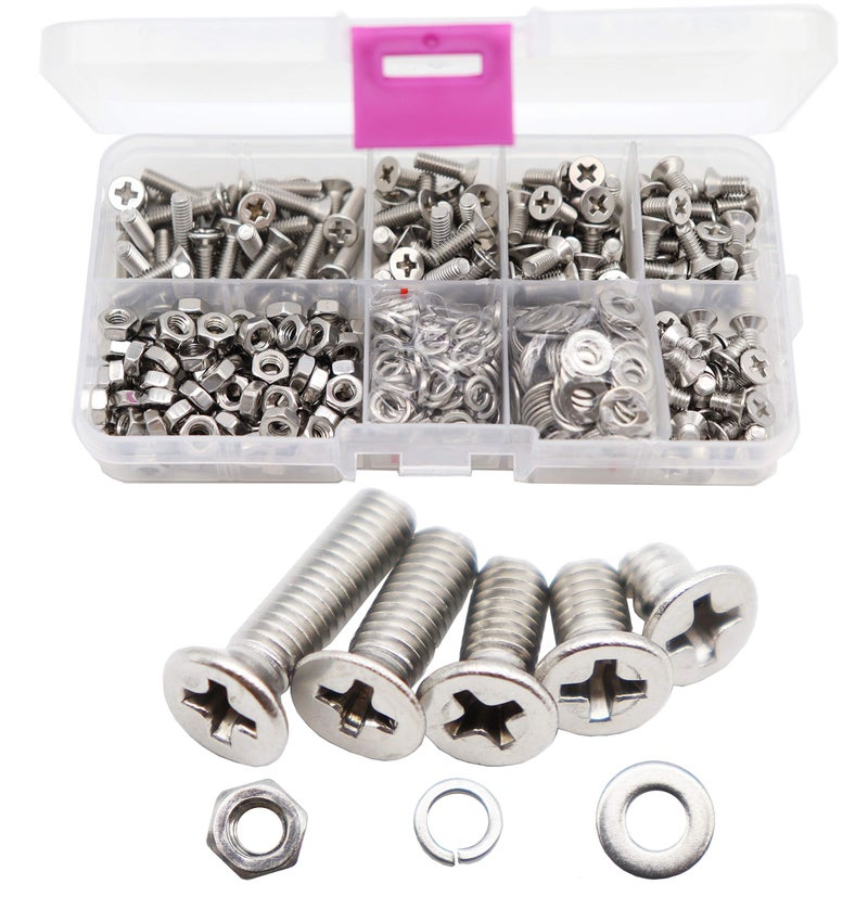 binifiMux 550pcs M4 Phillips Flat Head Countersunk Machine Screws Bolts Nuts Washers Assortment Kit 304 Stainless Steel M4 x 6mm 8mm 10mm 12mm 16mm