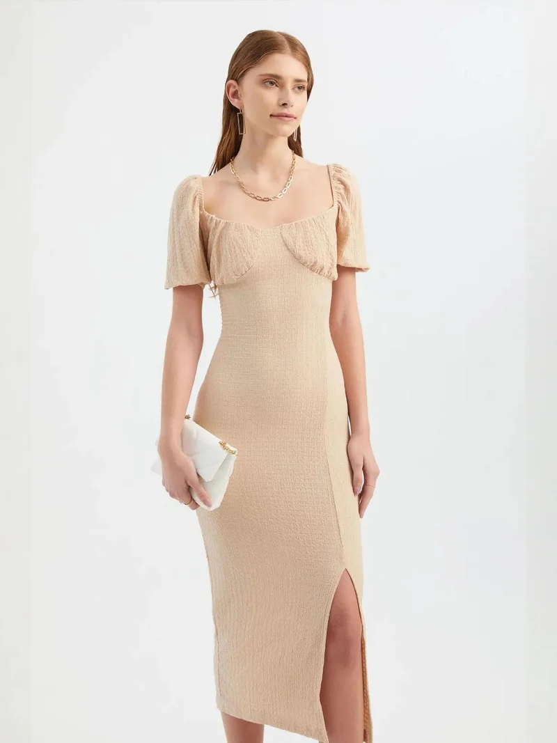 HICCUP Sweetheart Neck Smocked Balloon Sleeves Midi Dress with a Side Slit