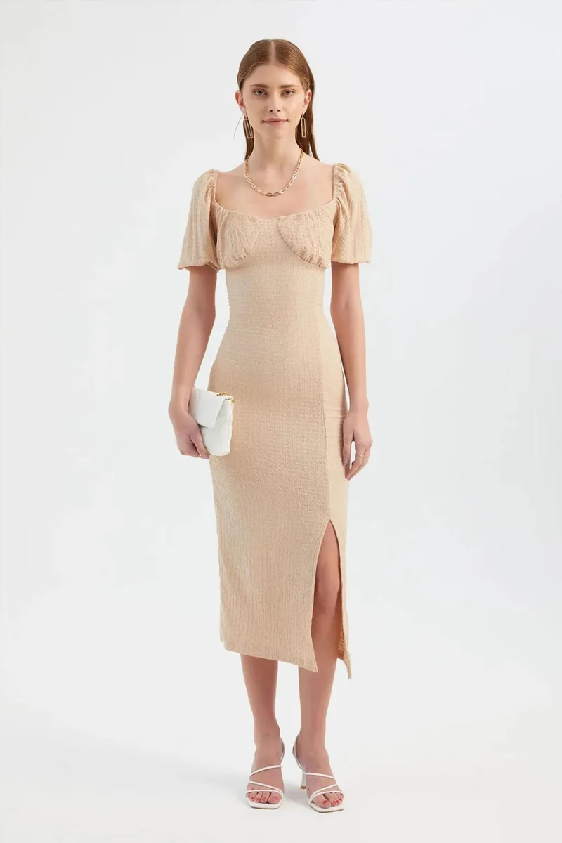 Hiccup Beige Natural Sweetheart Neck Smocked Balloon Sleeves Midi Dress with a Side Slit for Women | Best Price UAE