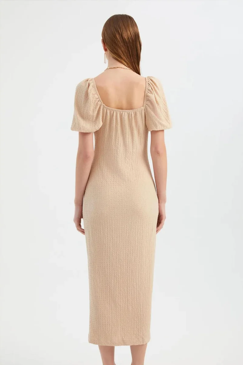 Hiccup Beige Natural Sweetheart Neck Smocked Balloon Sleeves Midi Dress with a Side Slit for Women | Best Price UAE
